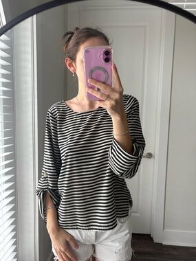 Calvin Klein Black and White Striped Boatneck Top